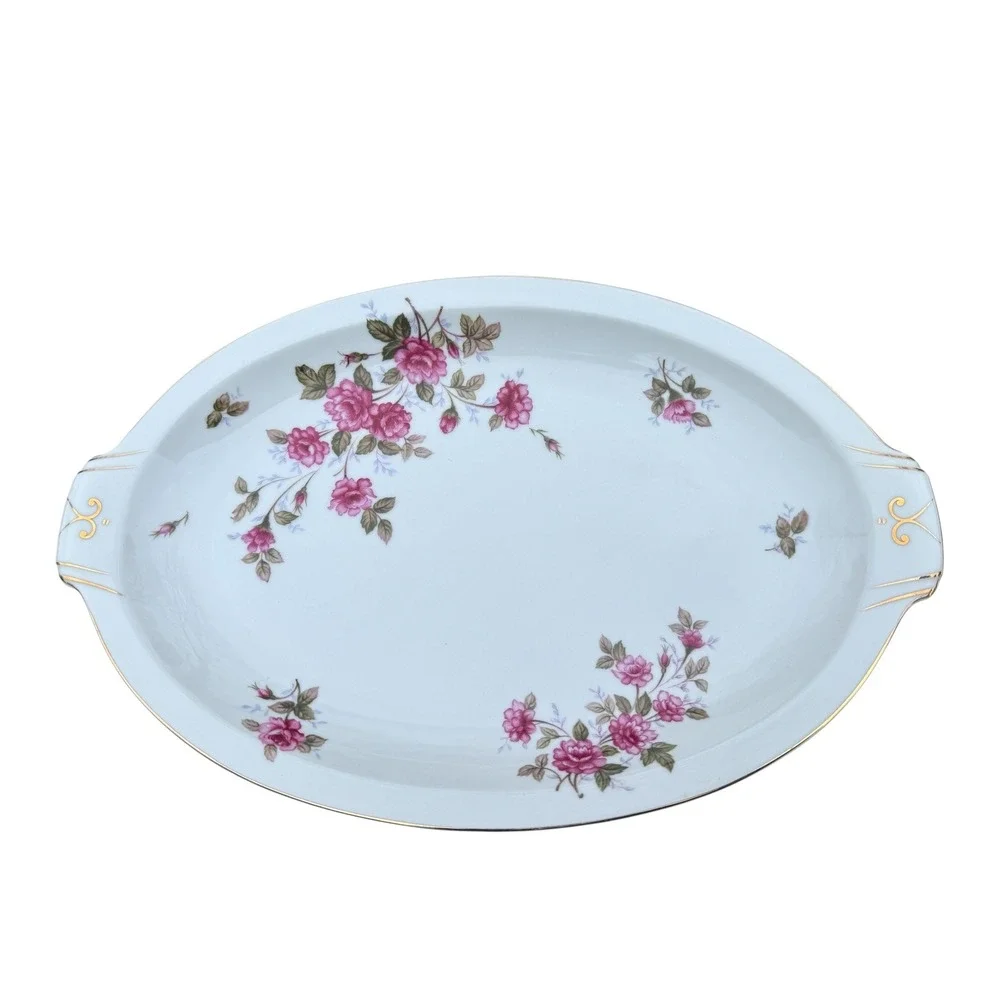 Laurel Teito China Floral Serving Platter Pink Roses Gold Oval 17.5